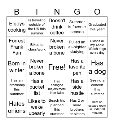College Group Bingo Card
