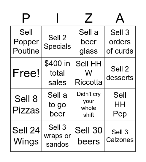 Server Shift Bingo Card