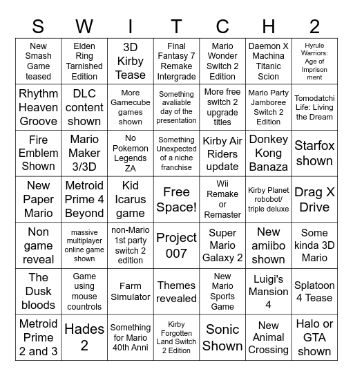 Nintendo Switch 2 Summer 2025 Direct Bingo Card
