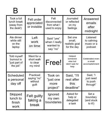Burnout Bingo Card