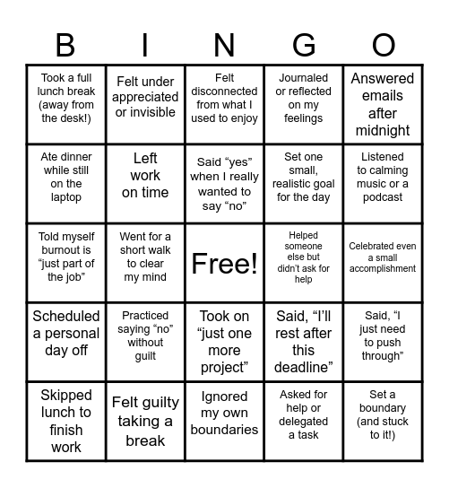 Burnout Bingo Card