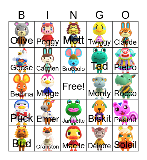 Animal Crossing Bingo Card