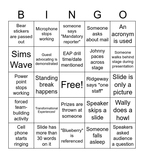All Staff Training Bingo Card