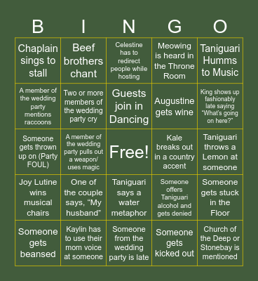 Kale and Taniguaris' Wedding BINGO Card