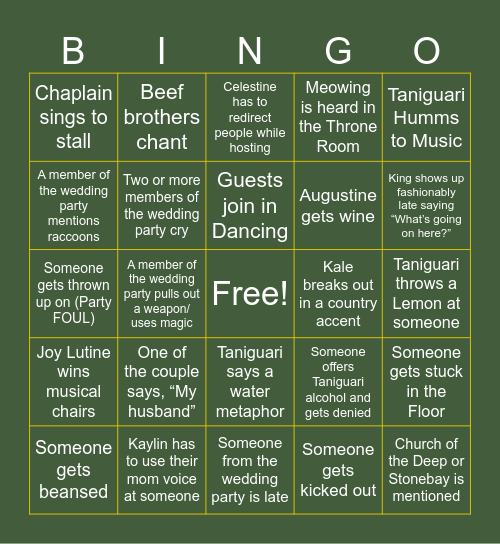 Kale and Taniguaris' Wedding BINGO Card