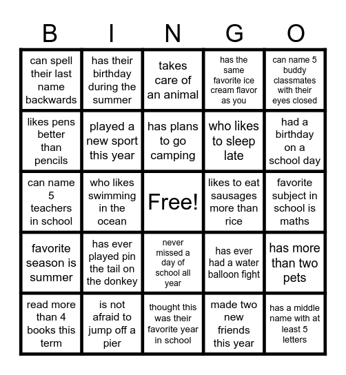 End of Year Bingo Card