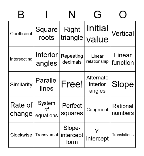 Math 8 Vocab Bingo Card