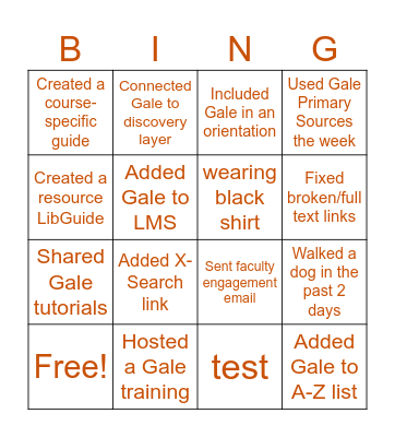 test Bingo Card