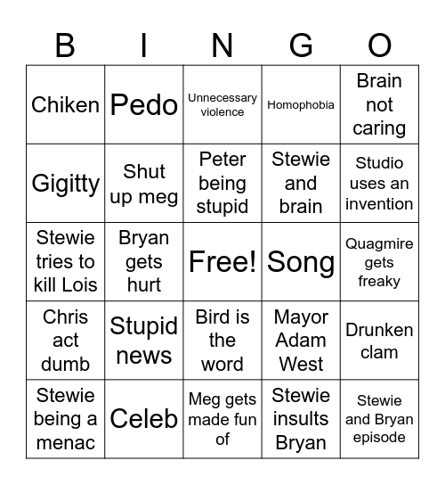 Family guy bingo Card