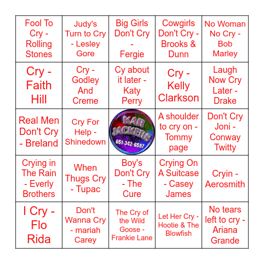 Cry Me A River Bingo Card