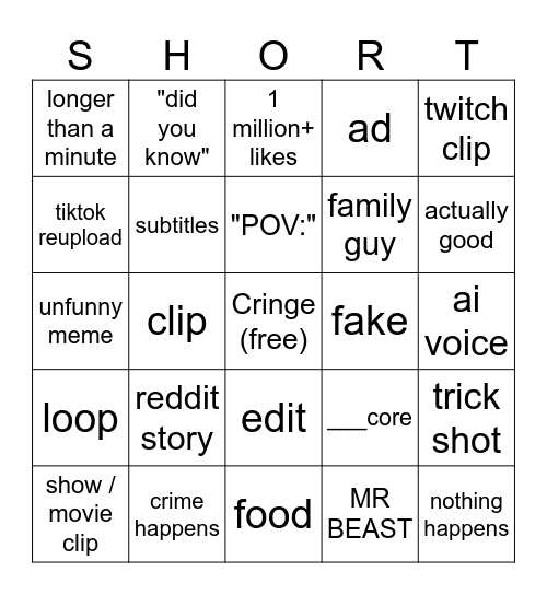 yt short BBBBINGOOOO Bingo Card