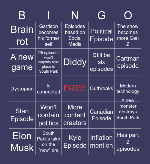 South Park S27 Bingo Card