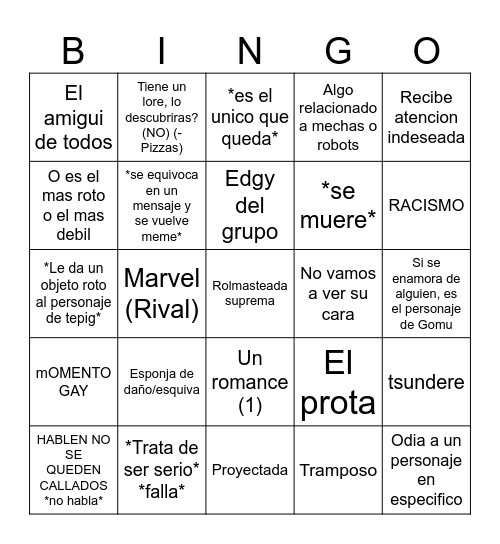 Drain Bingo Card