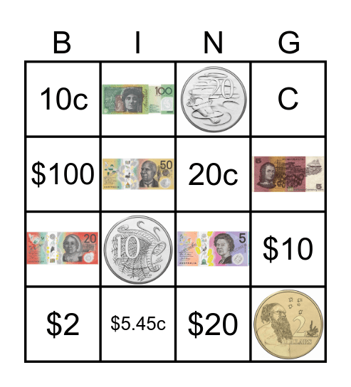 Australian Money Bingo Card