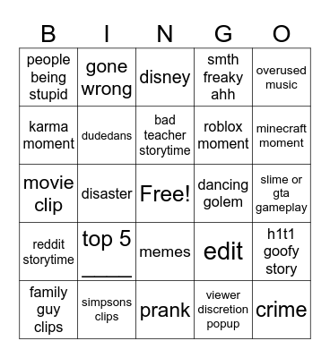 shorts Bingo Card