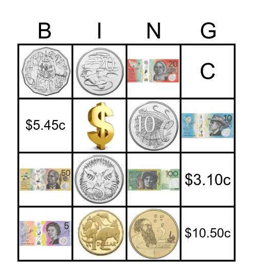 Australian Money Bingo Card