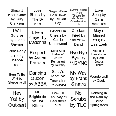 Karaoke Top Hits Bingo Card