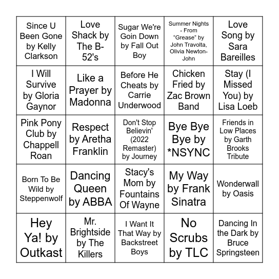 Karaoke Top Hits Bingo Card