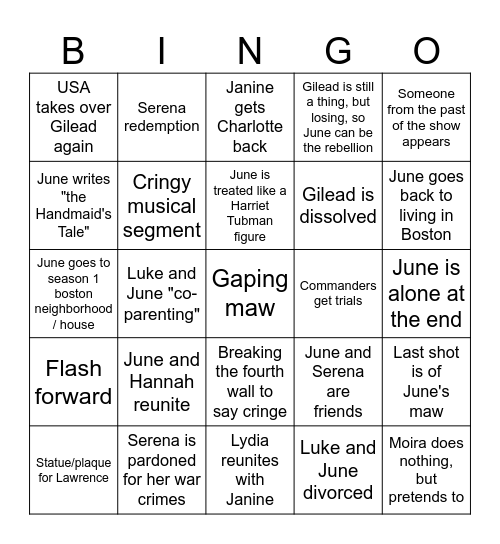 Handmaid's Tale Finale Bingo Card