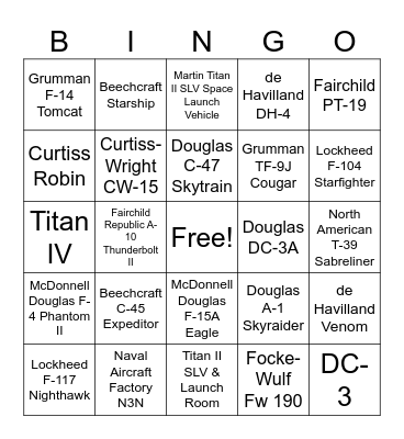 Evergreen Aviation and Space Museum Bingo Card