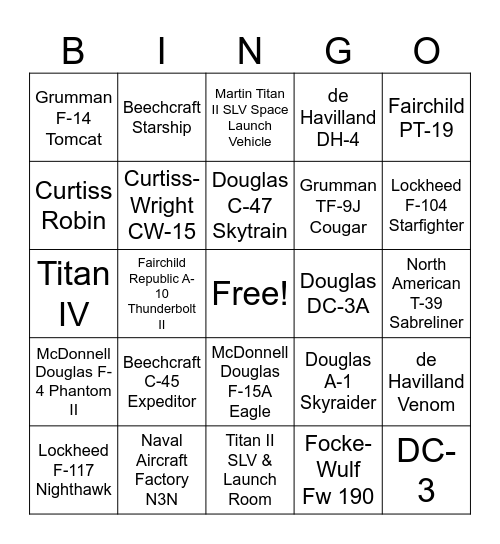 Evergreen Aviation and Space Museum Bingo Card