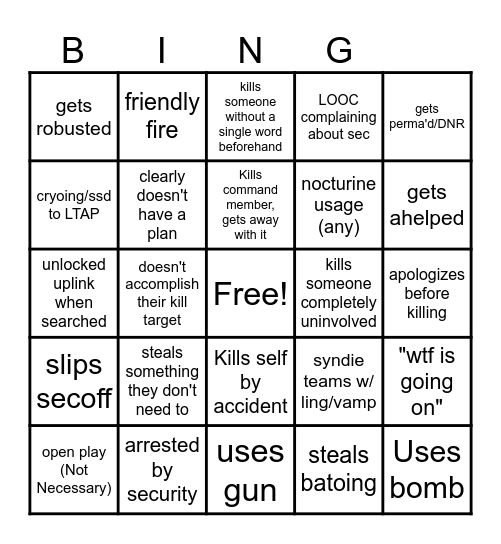 SS14 Antagonist Bingo Card
