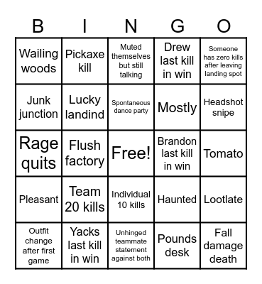 Fortnite Bingo Card