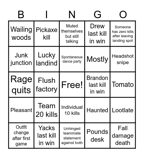 Fortnite Bingo Card