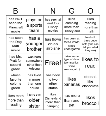 Classmate Bingo! Bingo Card