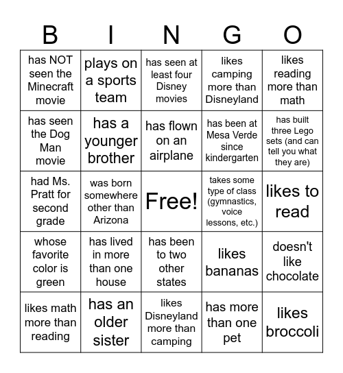 Classmate Bingo! Bingo Card