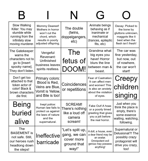 Horror Trope Bingo Card