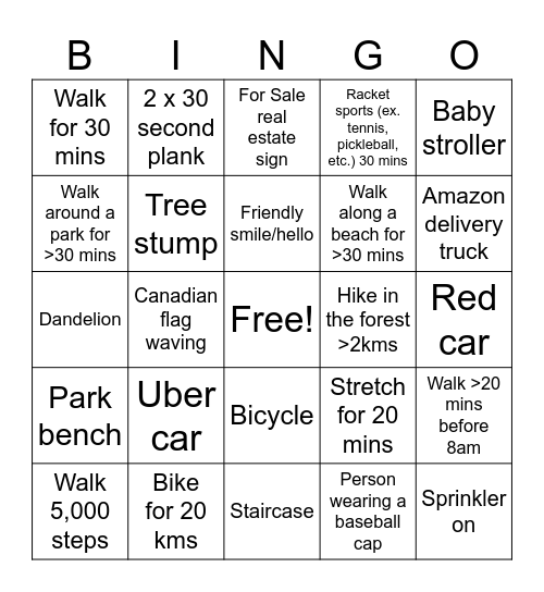 Let's Move Vancouver! Bingo Card