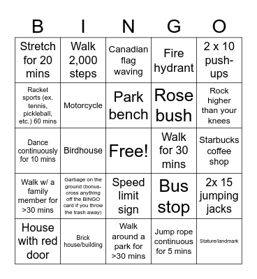 Let's Move Vancouver! Bingo Card