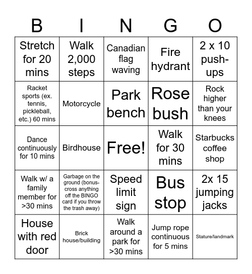 Let's Move Vancouver! Bingo Card