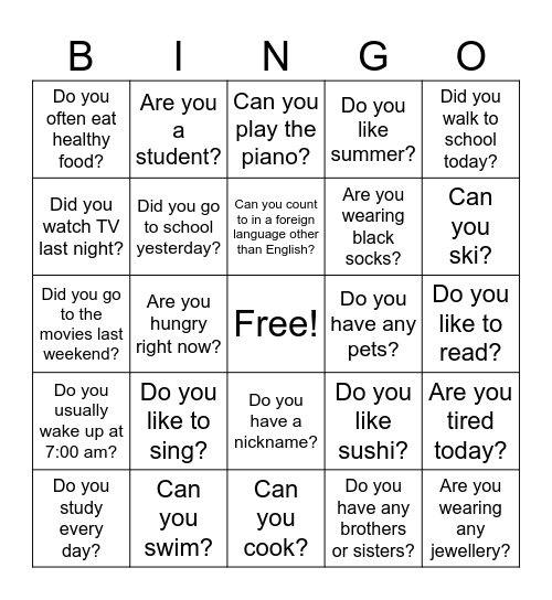 ESL - Yes/No Questions Grammar Bingo Card