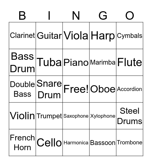 Musical Instrument Bingo Card