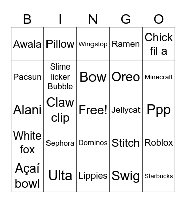 Preppy items Bingo Card