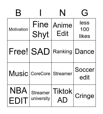 Tiktok Bingo Card