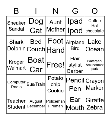 Same/Different Bingo Card