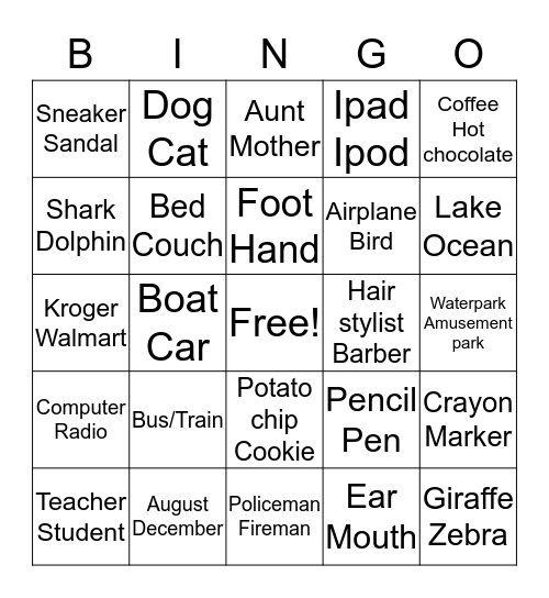 Same/Different Bingo Card