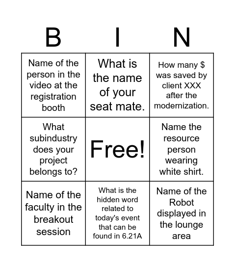 Industry Day Bingo Card