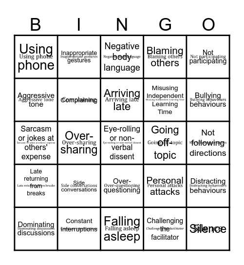Managing Behaviours Bingo Card