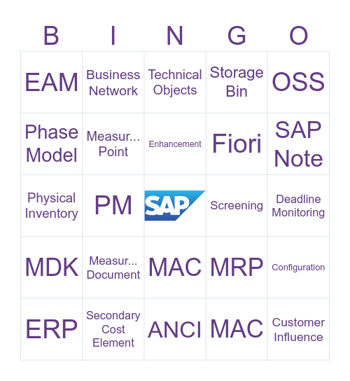 SAP ERP Bingo Card