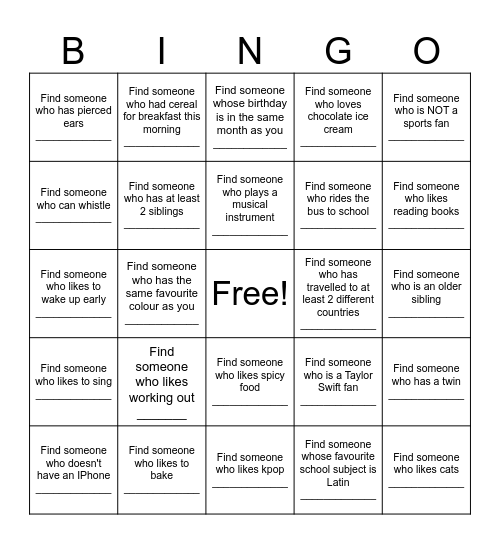 Getting to know Year 2029 Bingo Card
