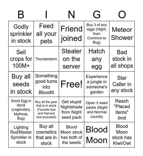 Grow A Garden Bingo Card
