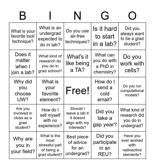 Graduate Student Bingo Card