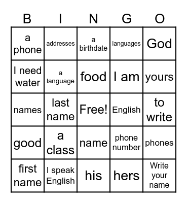 Lesson 4: Personal Information Bingo Card