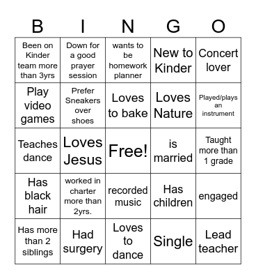 Kinder Elites Bingo Card