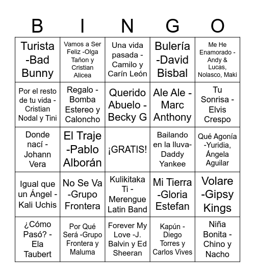 Bingo Musical Bingo Card