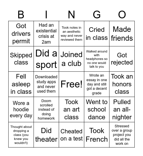 Freshman Year Bingo Card